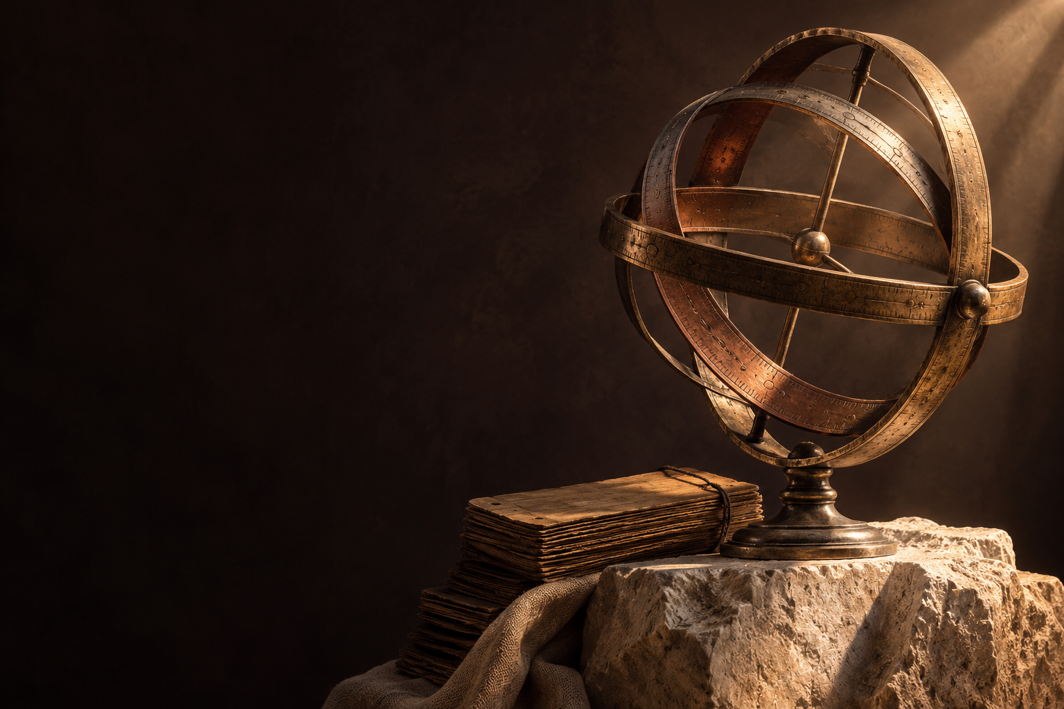 A conceptual bronze armillary sculpture beside palm-leaf folios on carved limestone, illuminated by warm light.